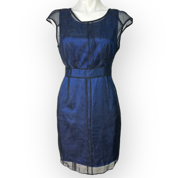 Vintage 90s Luce Silk Chiffon Overlay Sheath Dress Size Large Blue Career Goth - Picture 3 of 15